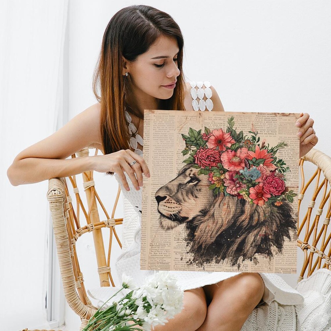 Floral Crown Lion, Vintage Bohemian Art Print - Image 3