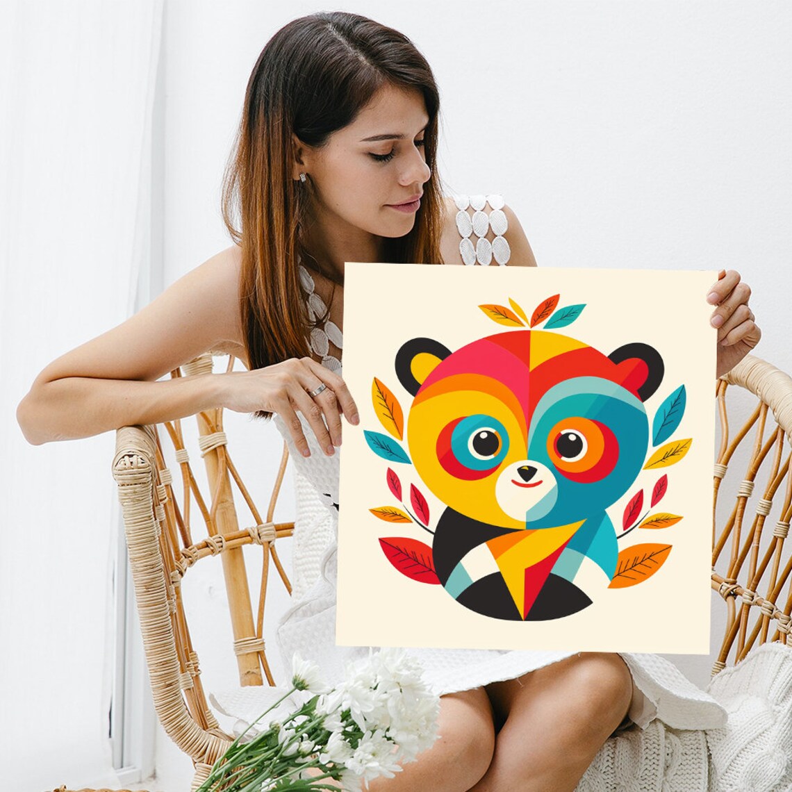 Geometric Kaleidoscope Panda Colorful Leaves Playful Nursery Wall Art Poster - Image 3