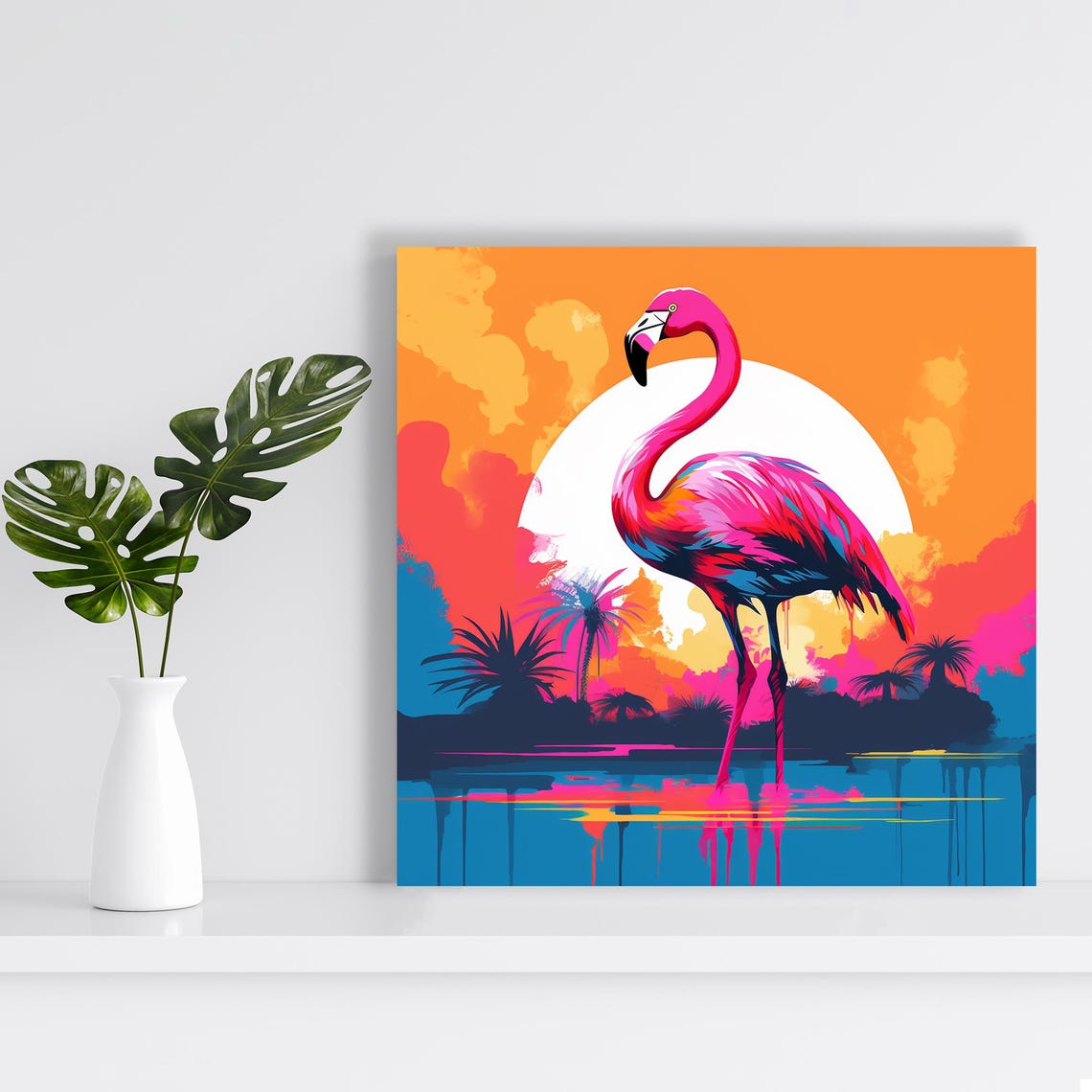 Pink Flamingo At Sunset Palm Silhouettes Tropical Pop Art Wall Poster - Image 2