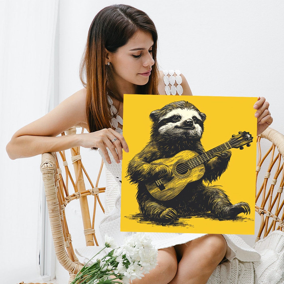 Cheerful Sloth Playing Guitar Black Gold Illustration Yellow Poster - Image 3