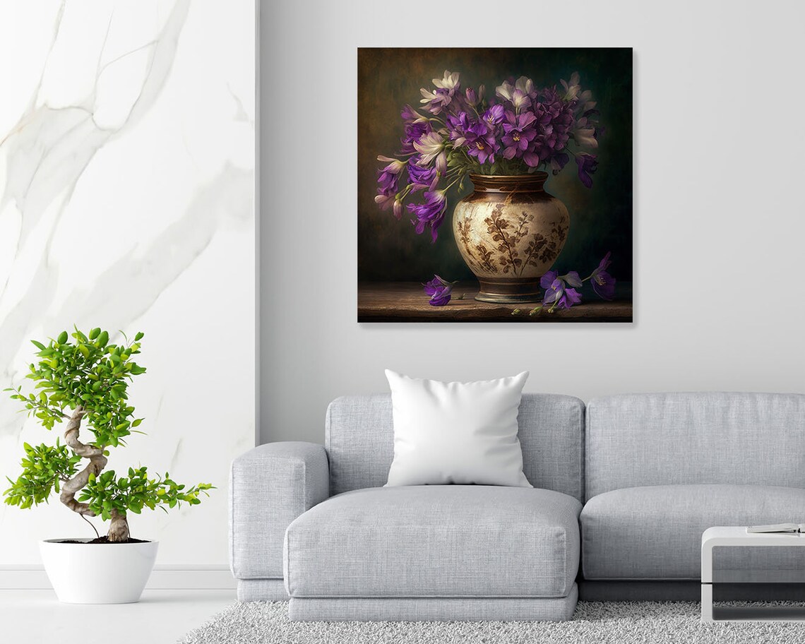 Purple Violet Flowers Still Life Vase Dark Moody Floral Canvas Poster - Image 4