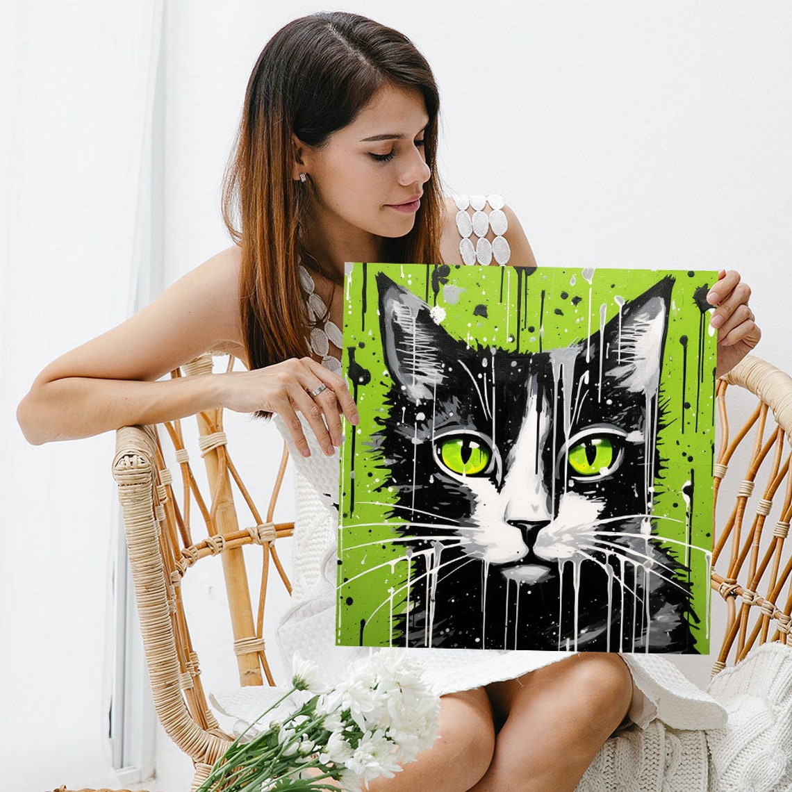 Black Cat Green Eyes Lime Green Graffiti Splash Pop Art Cat Poster - Image 3
