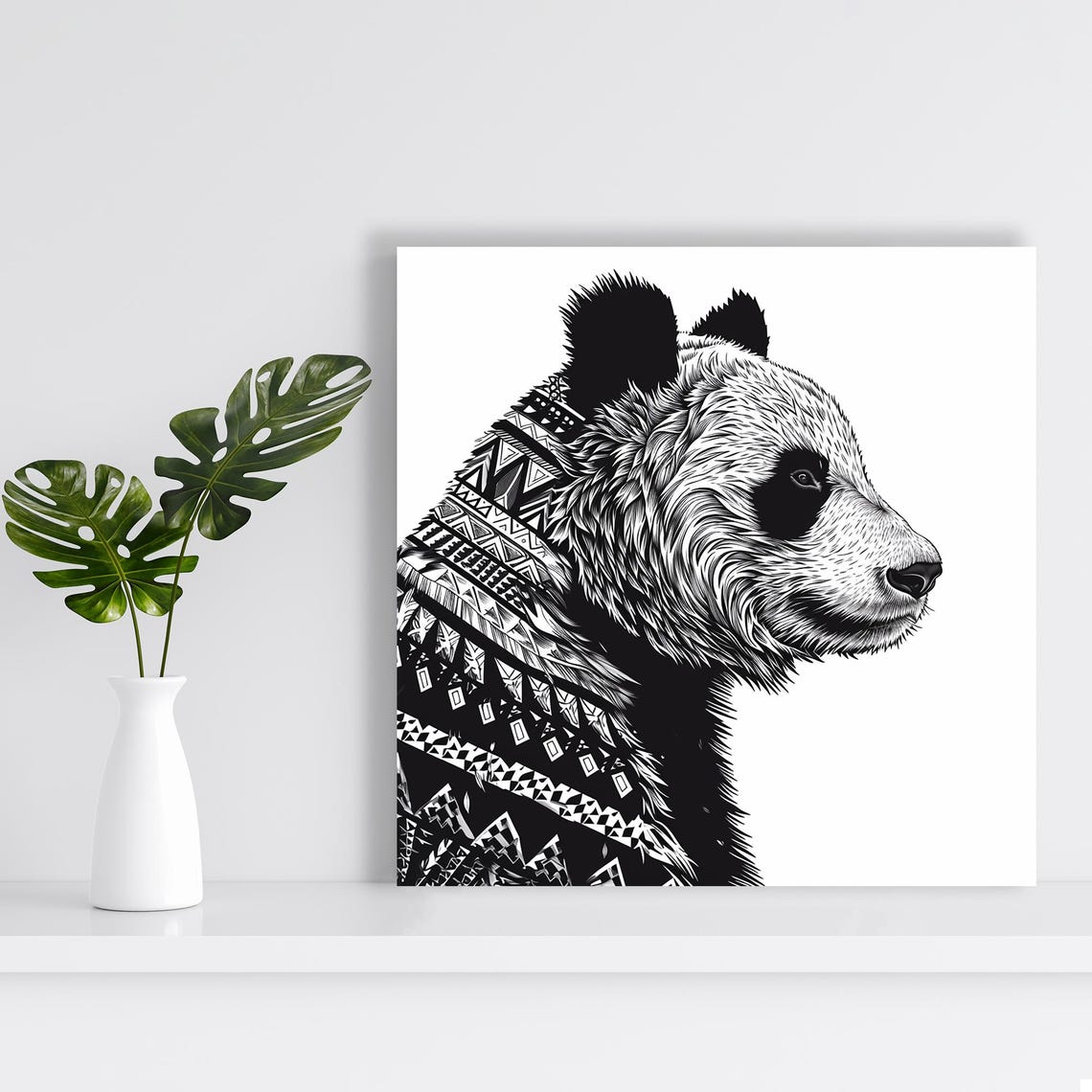 Panda Profile With Tribal Geometric Pattern Black White Ink Poster - Image 2