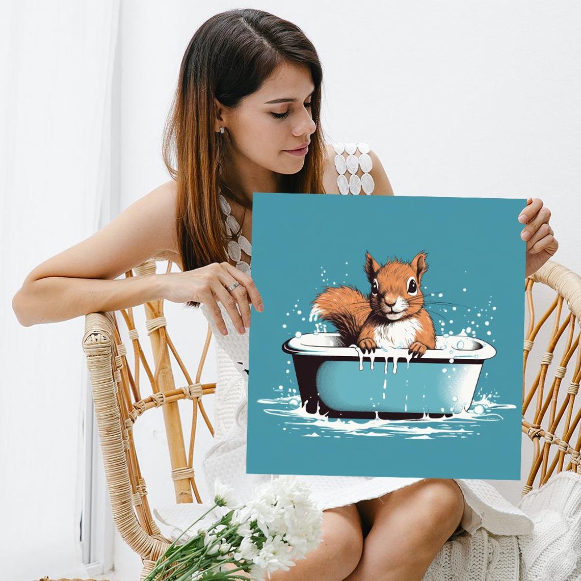 Cute Squirrel Splashing In Bubble Bath Teal Bathroom Wall Poster - Image 3
