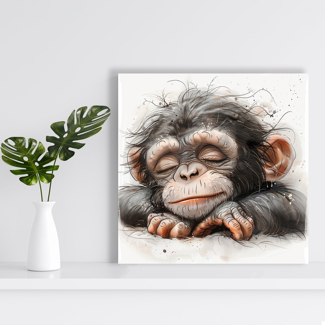 Sleepy Baby Chimpanzee Resting Head Soft Minimalist Wall Art - Image 2
