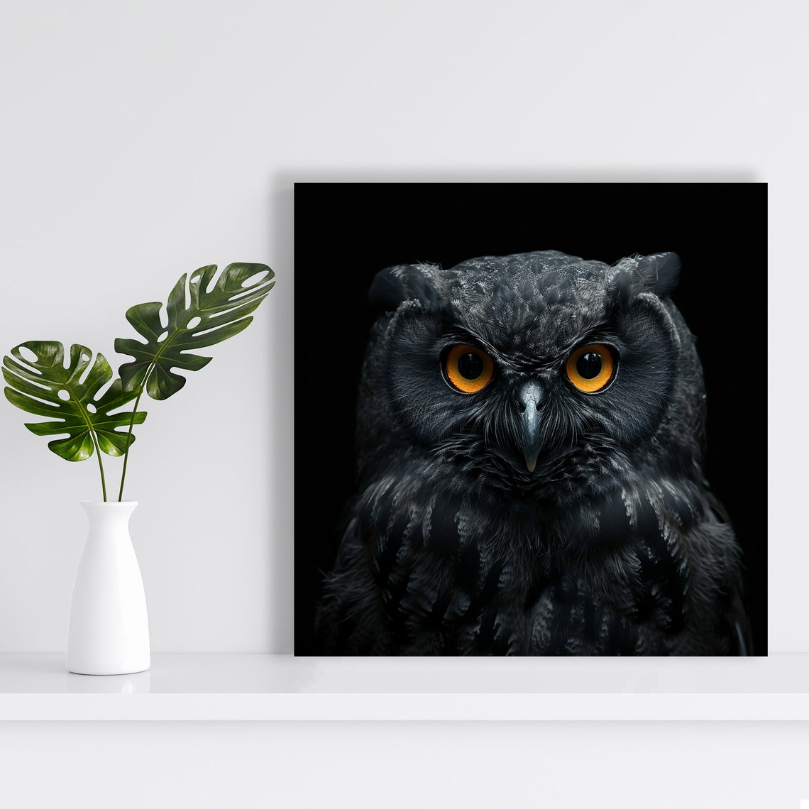 Black Owl Intense Orange Eyes Close Up Portrait Moody Wildlife Poster - Image 2