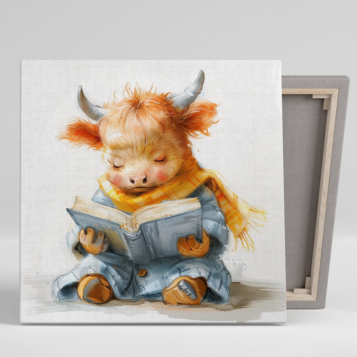 Highland Cow Reading Book Cozy Scarf Cute Farm Animal Wall Art Poster