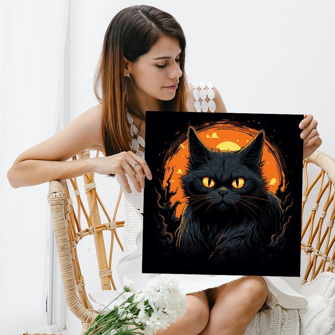 Black Cat With Glowing Eyes Orange Harvest Moon Halloween Wall Poster - Image 3