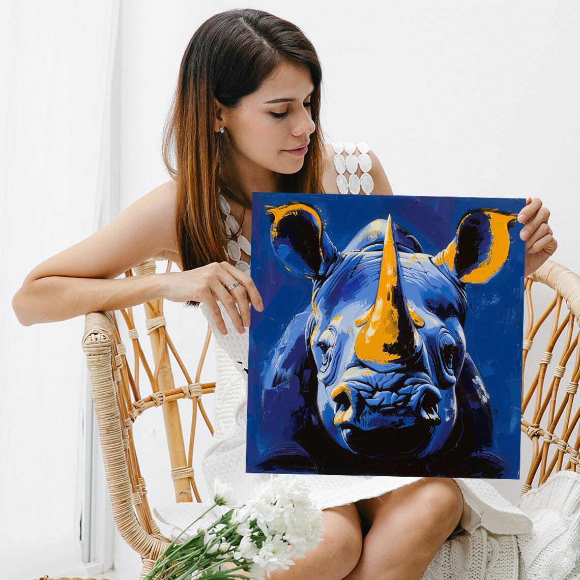 Electric Blue Rhino Portrait Orange Horn Impasto Art Wall Poster - Image 3