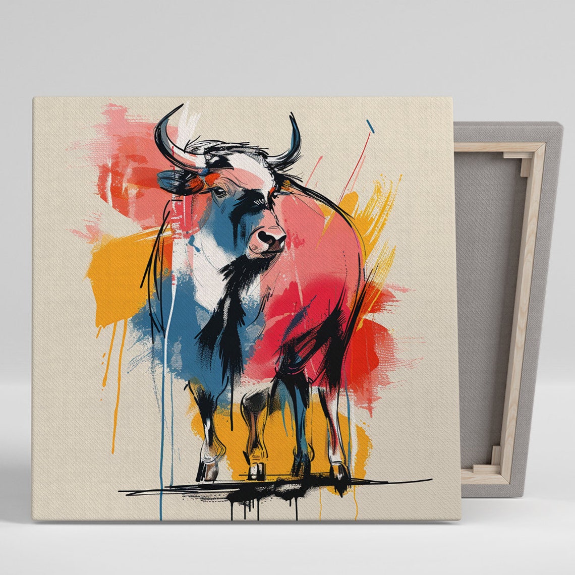 Vibrant Abstract Highland Cow Watercolor Splash Art Wall Poster