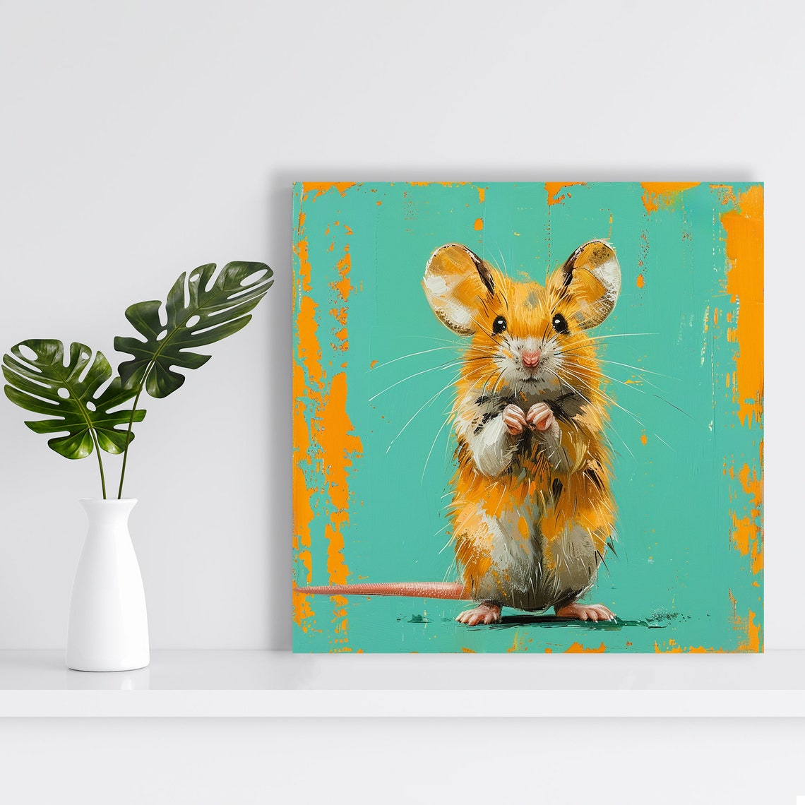 Curious Golden Mouse Standing Turquoise Background Orange Wall Art - Image 2