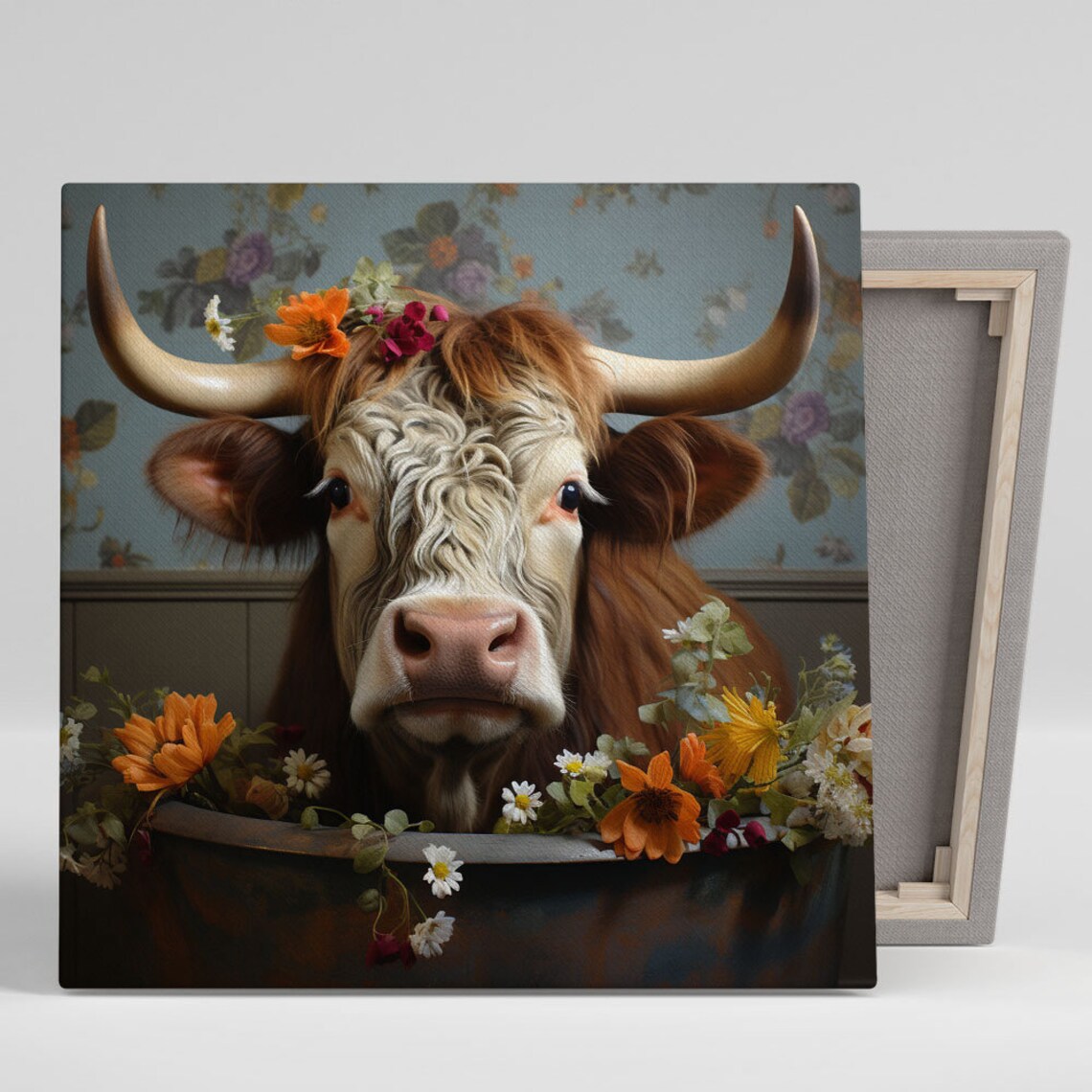 Floral Cow In Bathtub Art Print, Modern Animal Decor