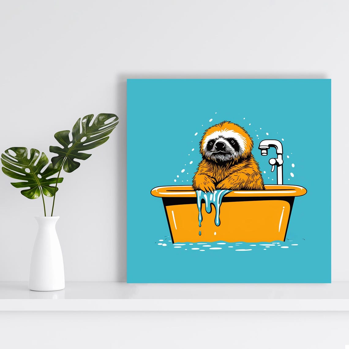 Whimsical Sloth Bath Time Pop Art Poster Funny Orange Turquoise Decor - Image 2