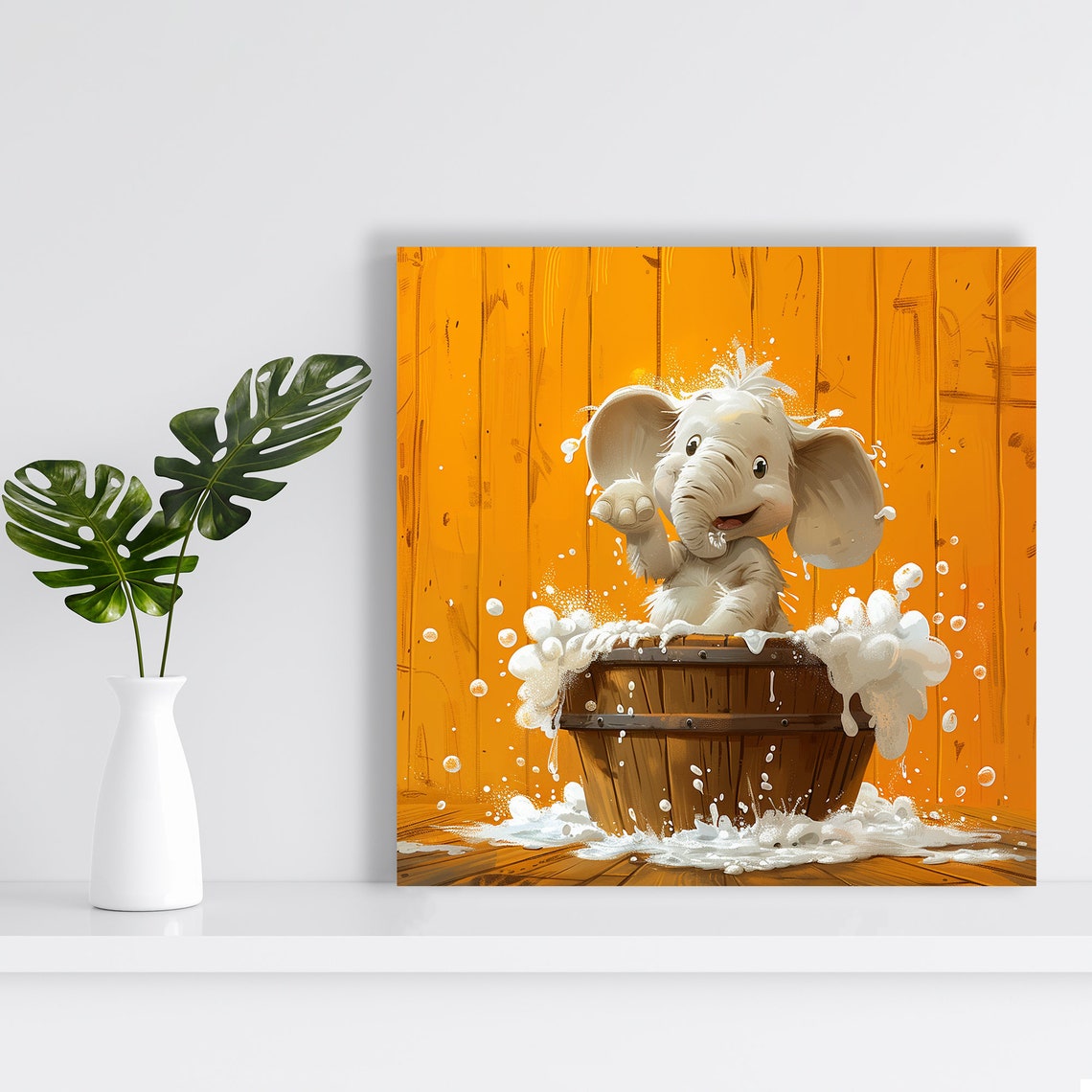 Baby Elephant Bath Time Wooden Tub Bubbles Cute Nursery Animal Poster - Image 2