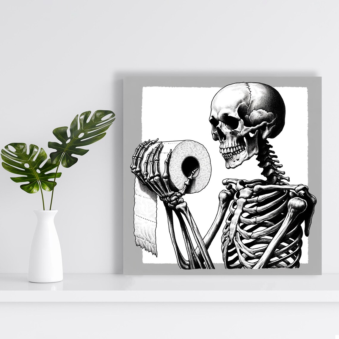 Skeleton Holding A Toilet Paper Roll Detailed Gothic Sketch Funny Bathroom Poster - Image 4