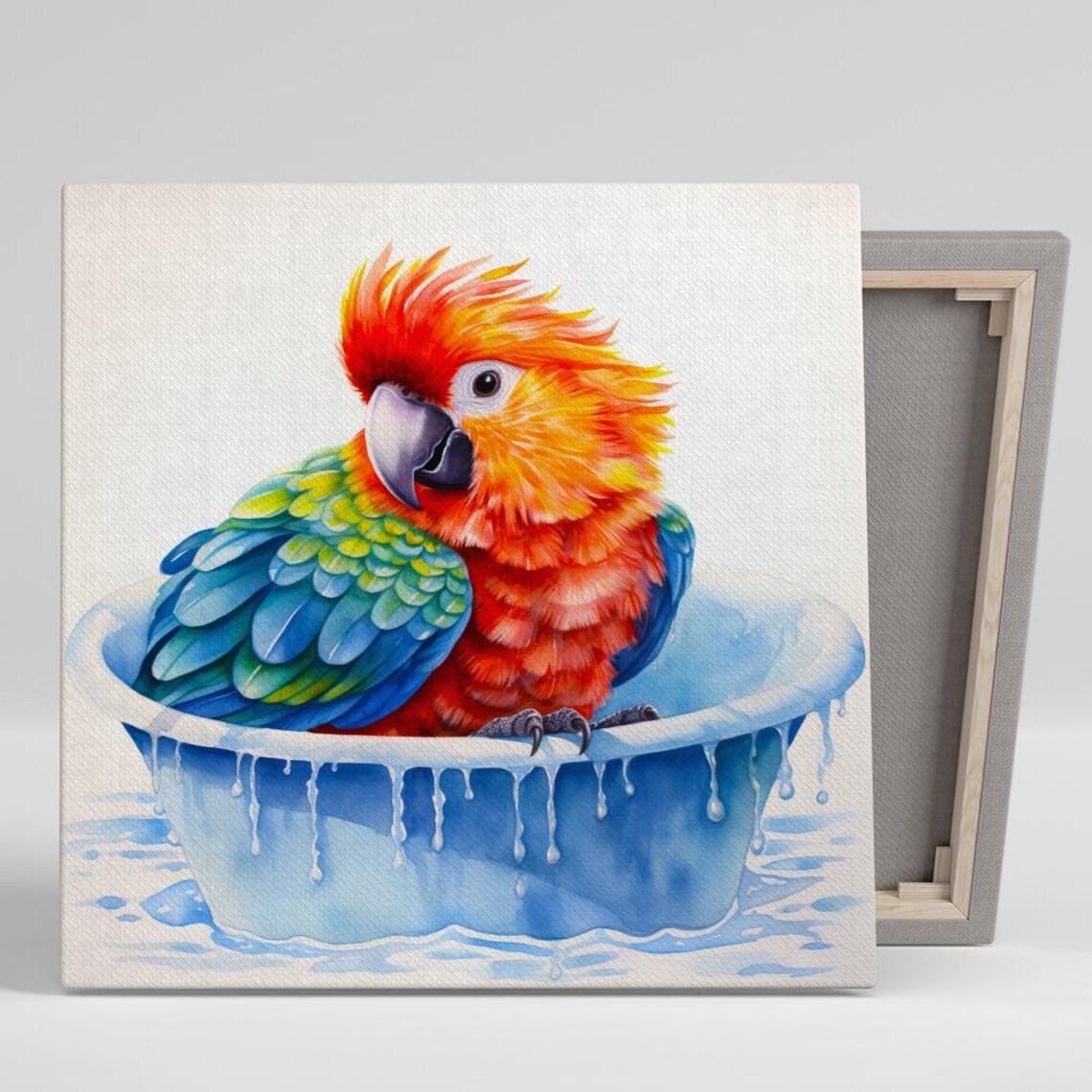 Parrot Bath Time Art Print, Tropical Animal Decor