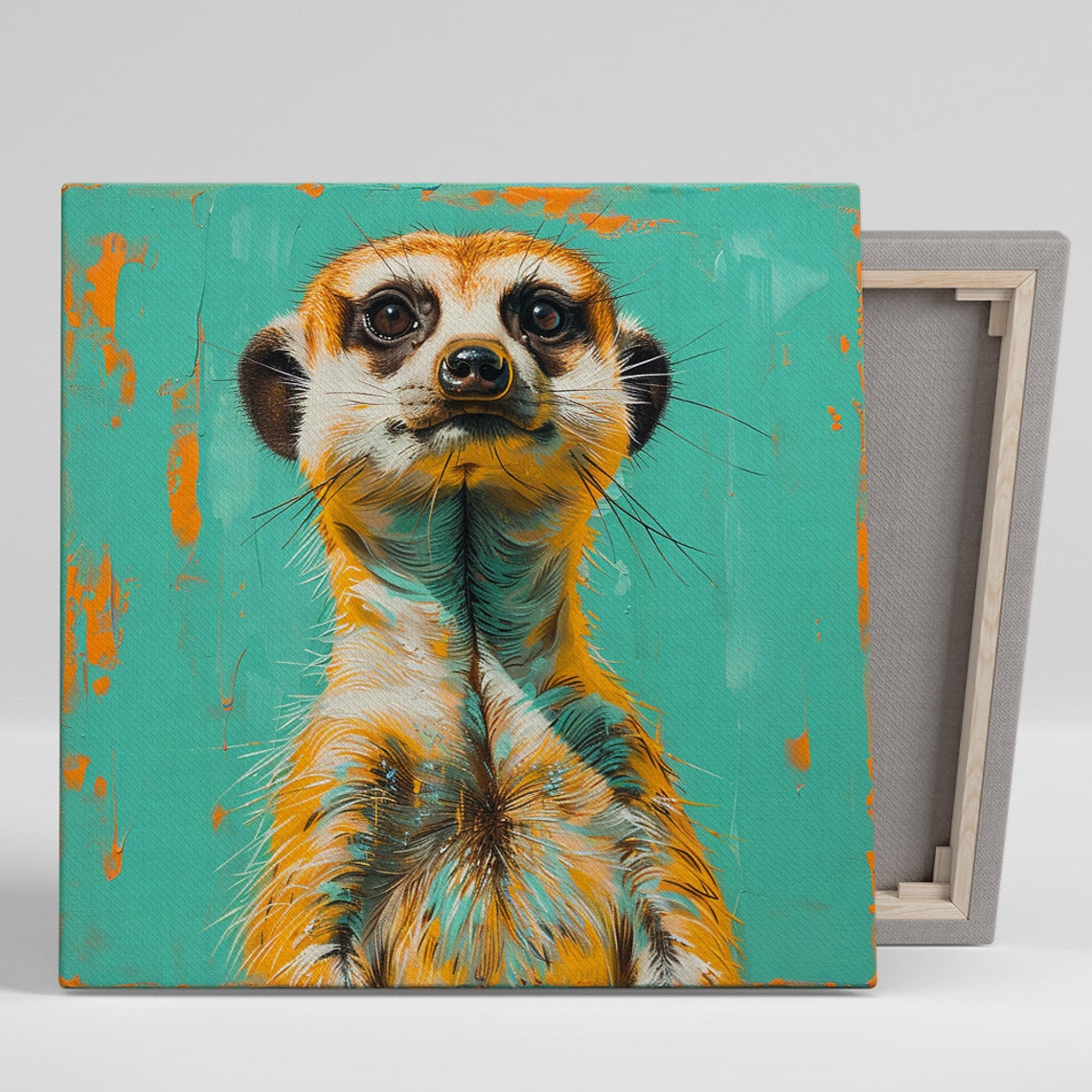 Curious Meerkat Portrait Turquoise Orange Splash Painterly Wall Poster