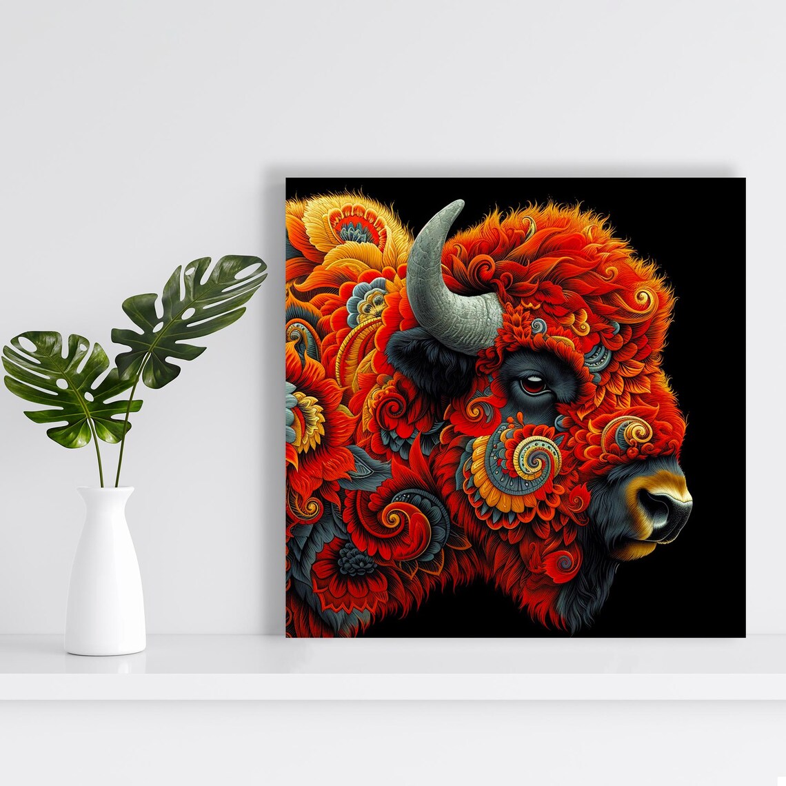 Bison Spirit Fiery Floral Mane Surreal Red Orange Wildlife Poster - Image 2