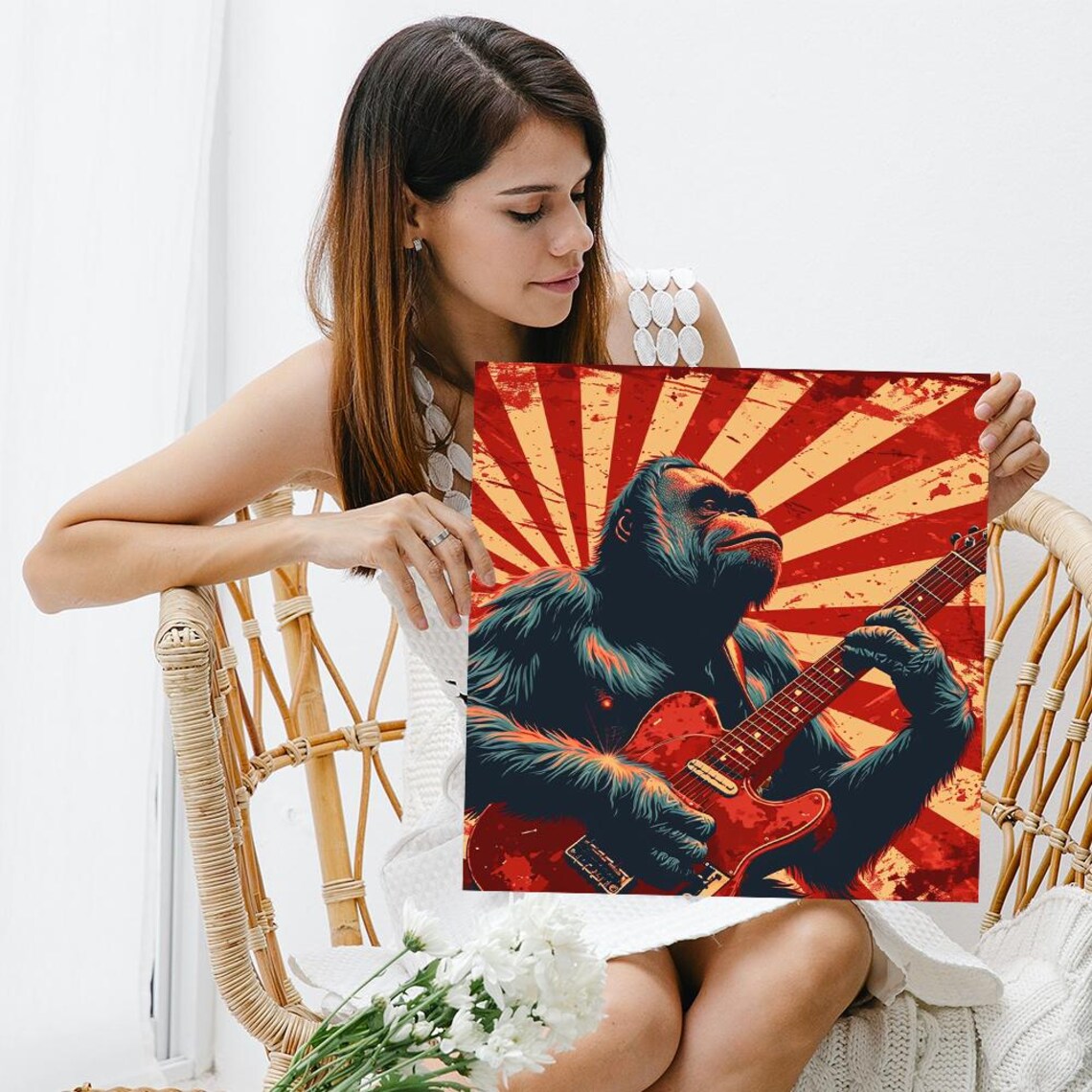 Gorilla Rock Guitarist Retro Red Sunburst Vintage Concert Music Poster - Image 3