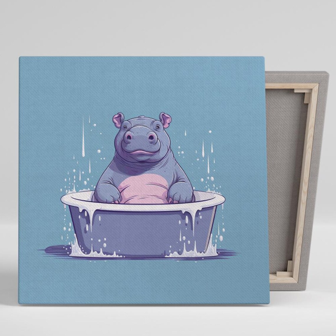 Cute Hippo Bubble Bath Blue Background Whimsical Funny Animal Wall Art Poster