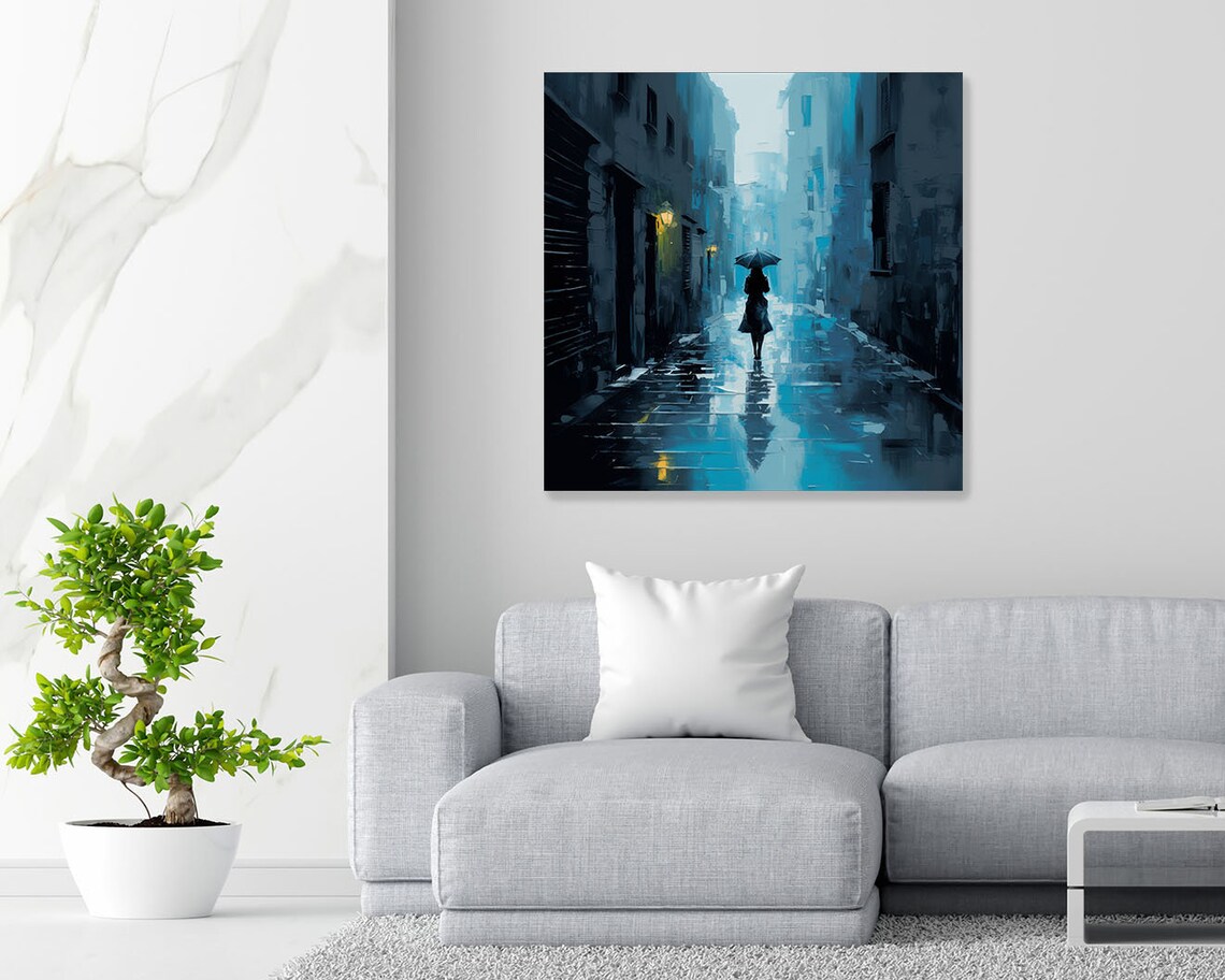 Rainy Night Alley Umbrella Woman Blue Moody Street Painting Poster - Image 4