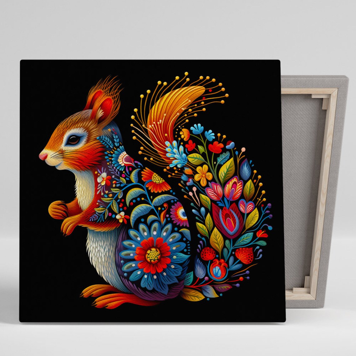 Floral Folk Art Squirrel Colorful Black Background Wall Art Poster