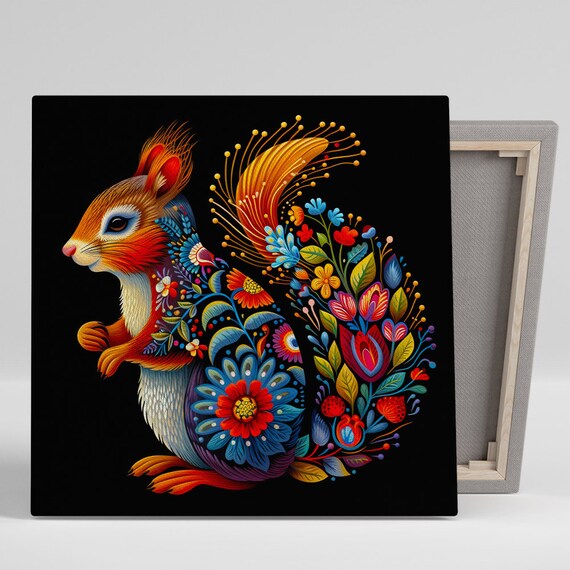 Floral Folk Art Squirrel Colorful Black Background Wall Art Poster