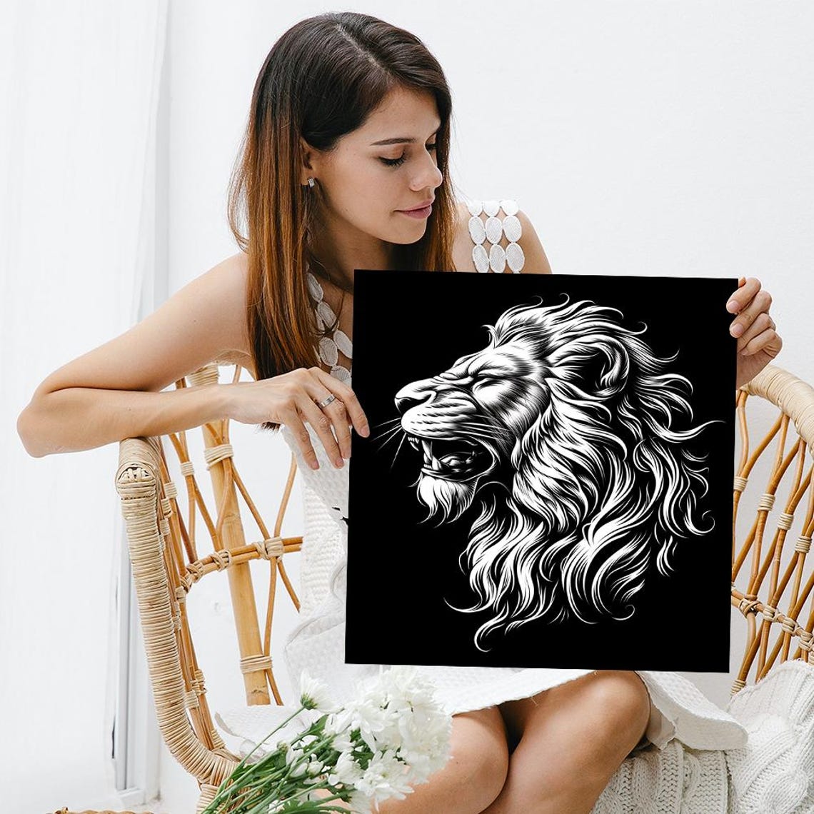 Monochrome Lion Roar Portrait Black White Line Art Bold Wall Poster - Image 3