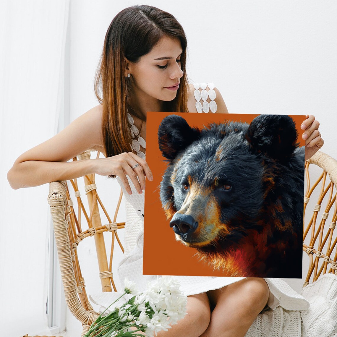 Majestic Black Bear Portrait Terracotta Orange Background Wildlife Poster - Image 3