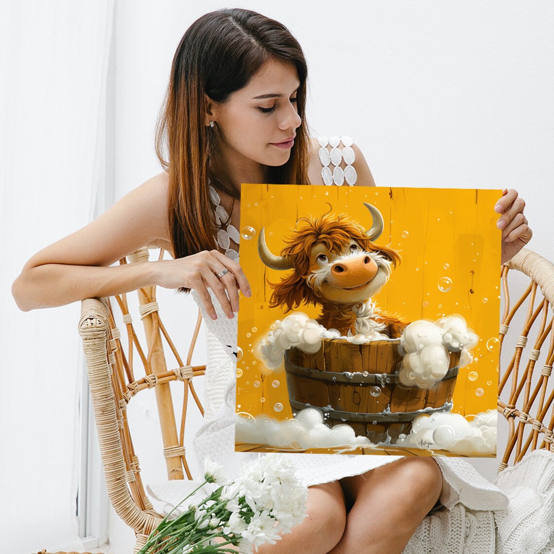 Bubbly Highland Cow Barrel Bath Happy Cute Animal Wall Poster - Image 3