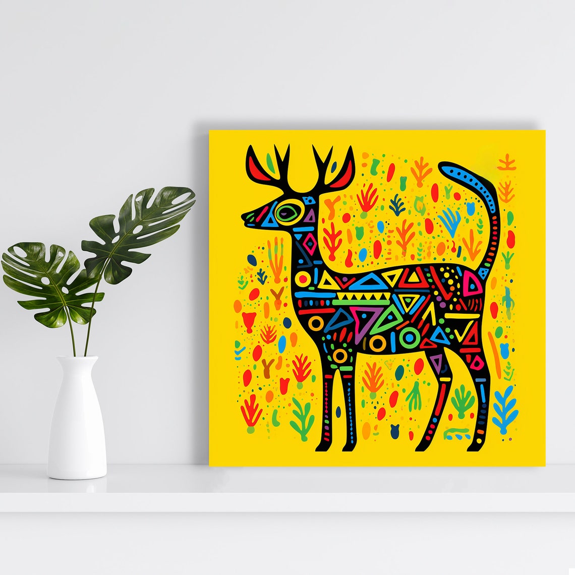 Tribal Deer Silhouette Poster Bohemian Pattern Yellow Folk Decor - Image 2