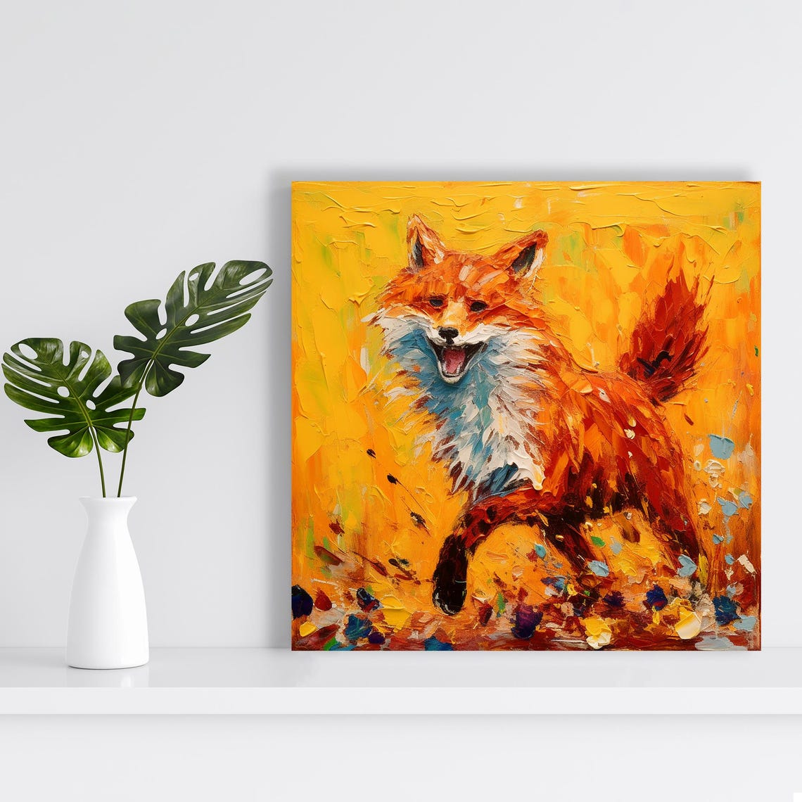 Joyful Fox Running Impasto Painting Orange Yellow Wild Wall Poster - Image 2