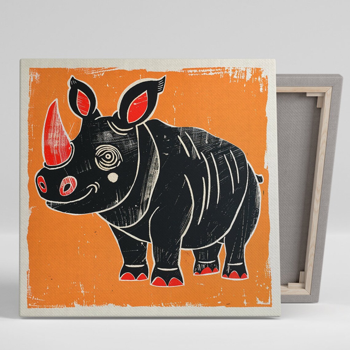 Whimsical Rhino Retro Animal Block Print Poster