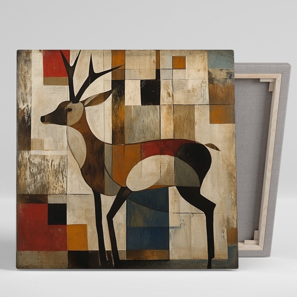 Geometric Cubist Stag Deer Abstract Earth Tone Blocks Art Poster