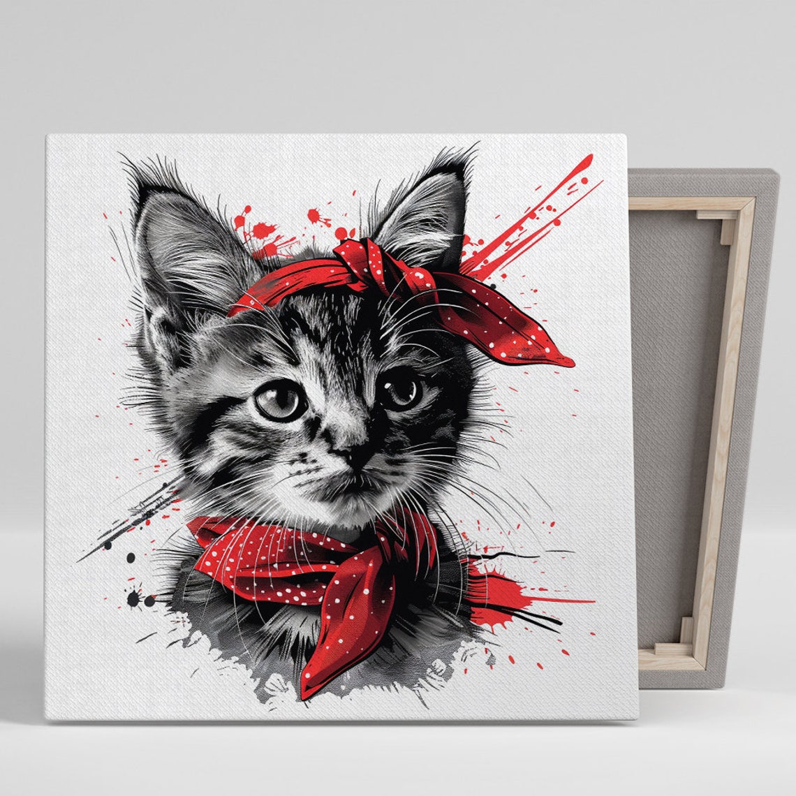 Kitten Red Bandana Rockstar Splash Ink Playful Portrait Wall Art