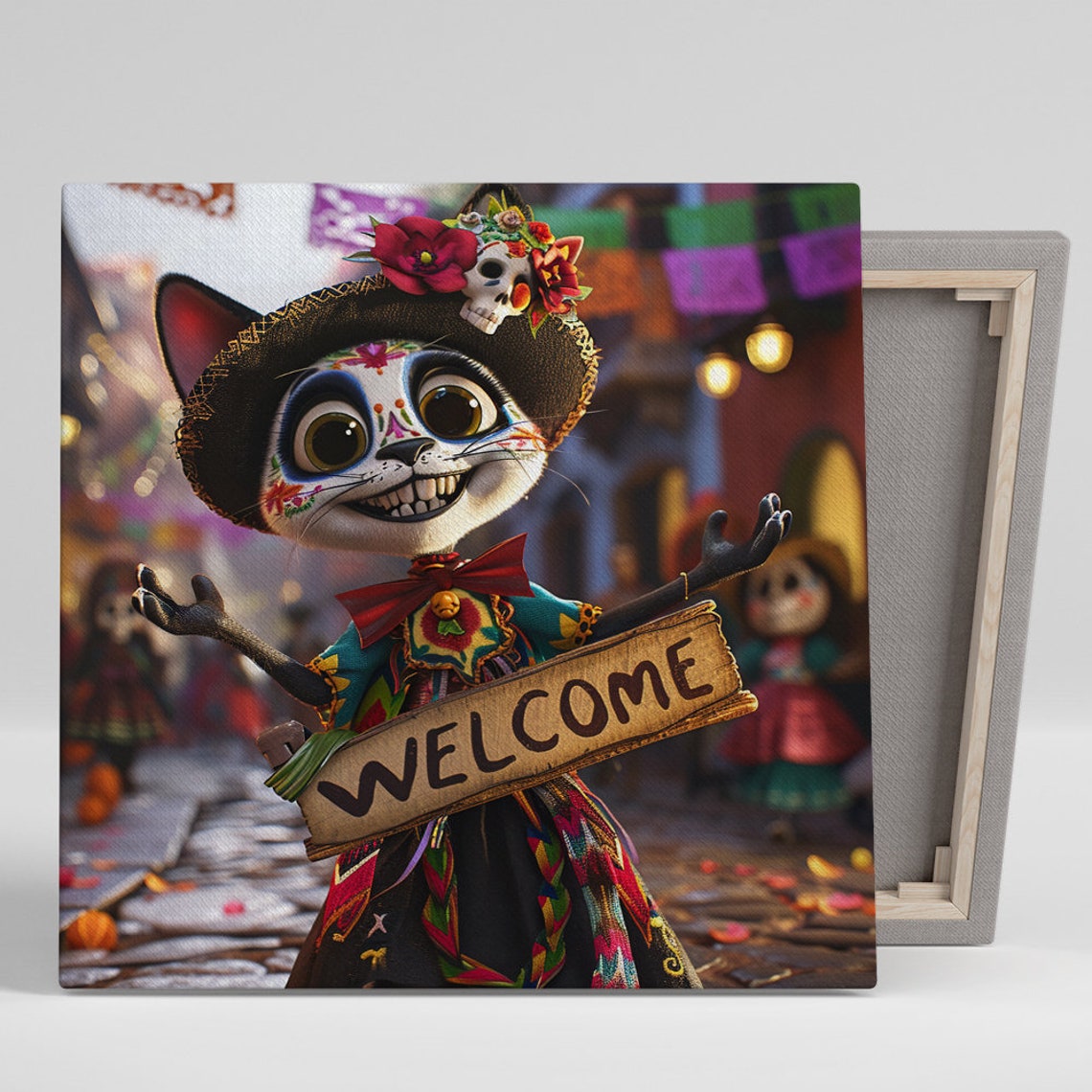 Welcome Sign Day of the Dead Cat Colorful Sugar Skull Folk Art Poster
