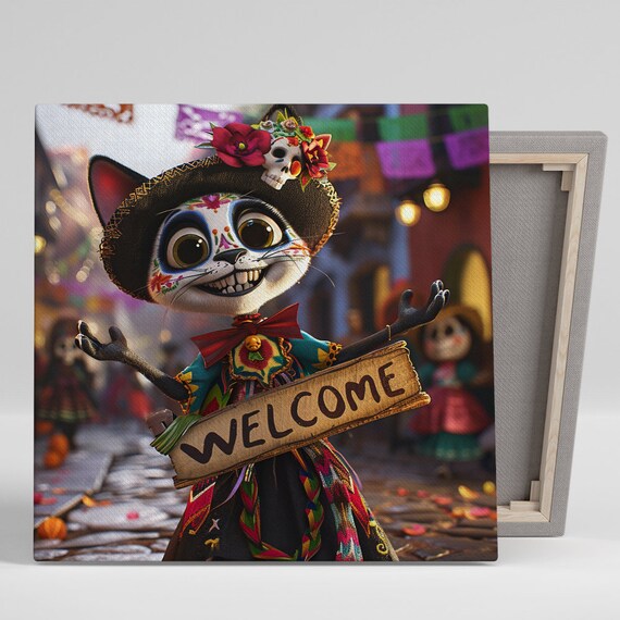 Welcome Sign Day of the Dead Cat Colorful Sugar Skull Folk Art Poster