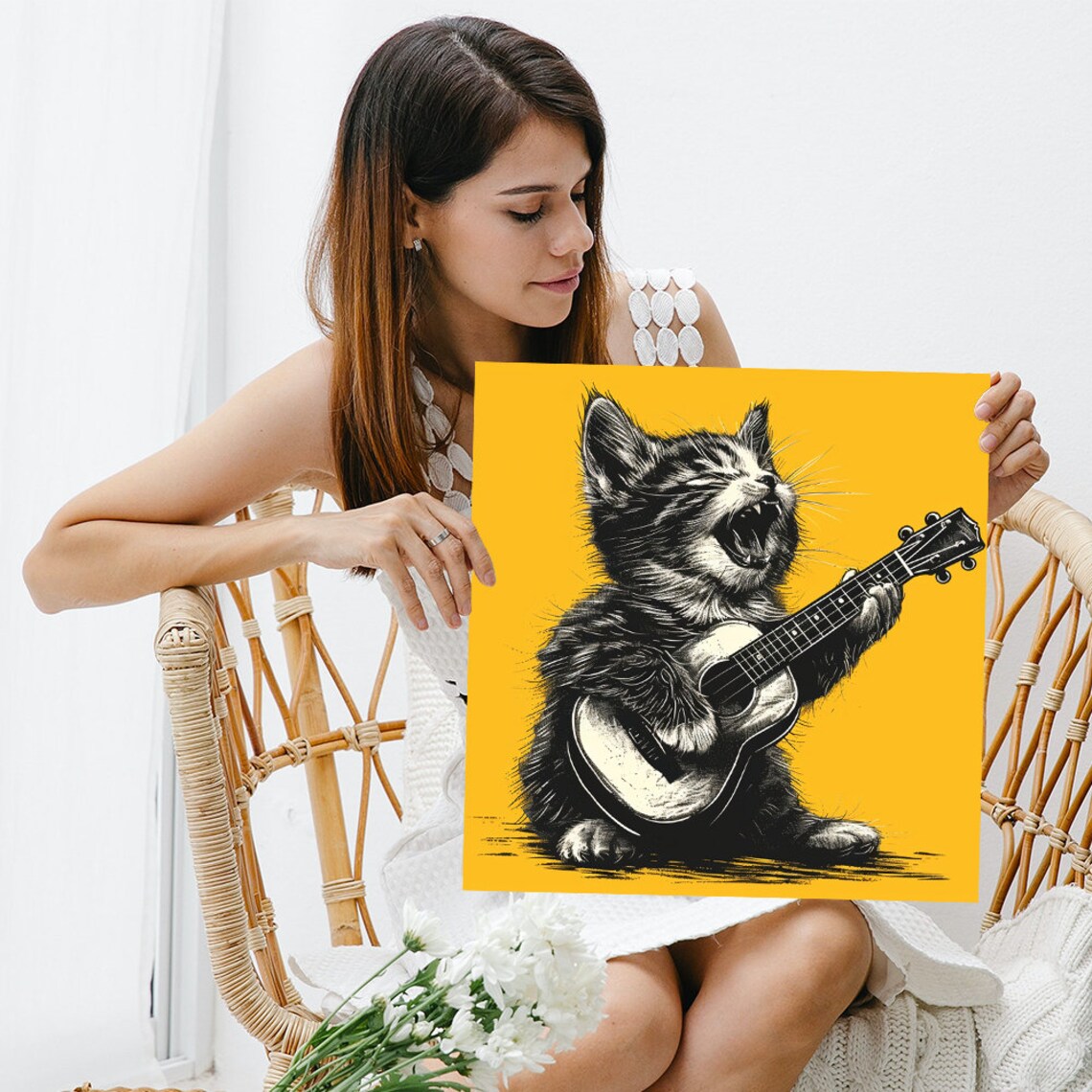 Rock N Roll Kitty Art Print, Whimsical Animal Decor - Image 3