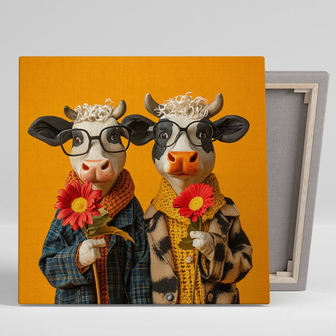 Quirky Cow Couple In Glasses Holding Red Flowers Orange Fall Poster