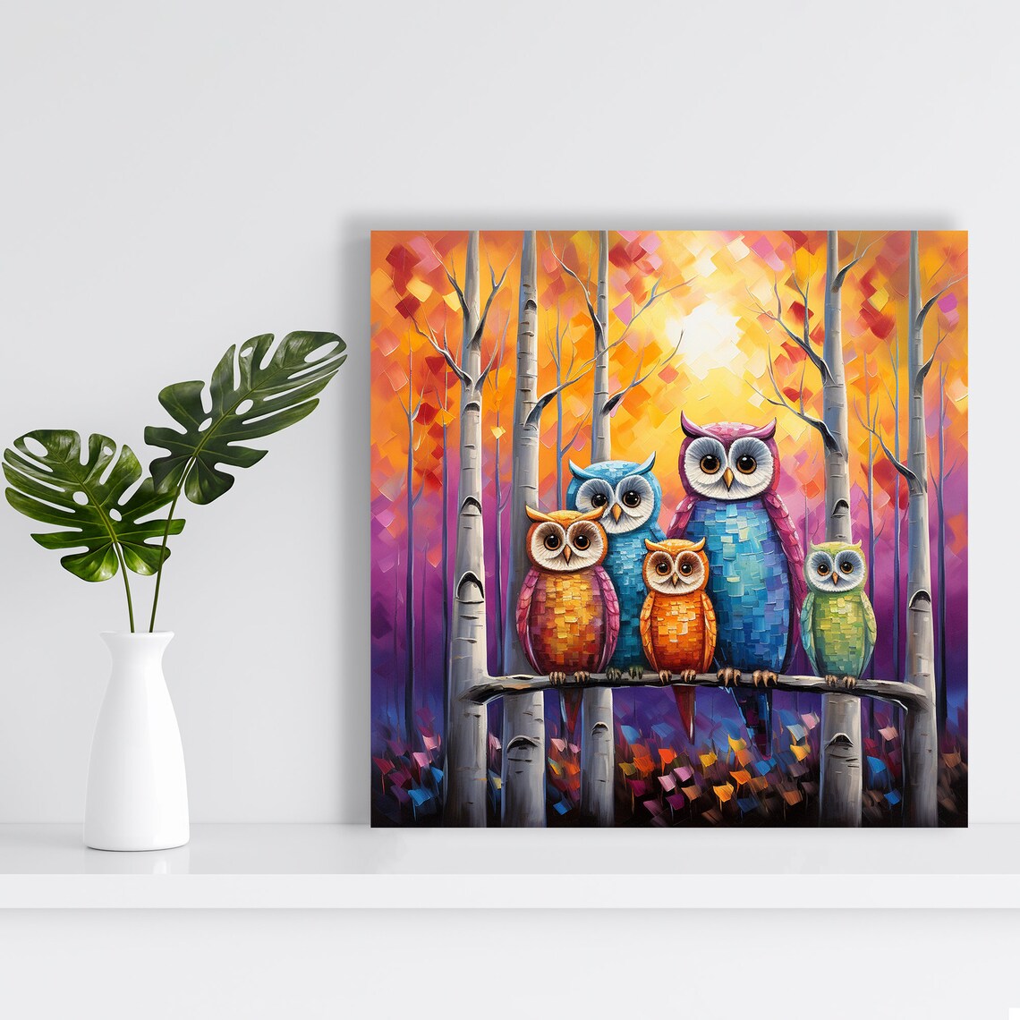 Five Colorful Owls Branch Autumn Forest Mosaic Art Nursery Poster - Image 2