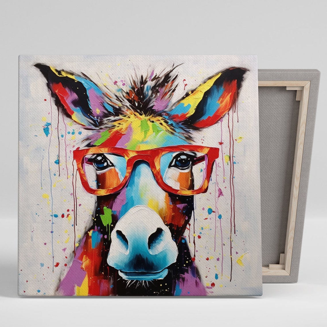 Donkey Wearing Red Glasses Paint Splatter Whimsical Fun Wall Poster