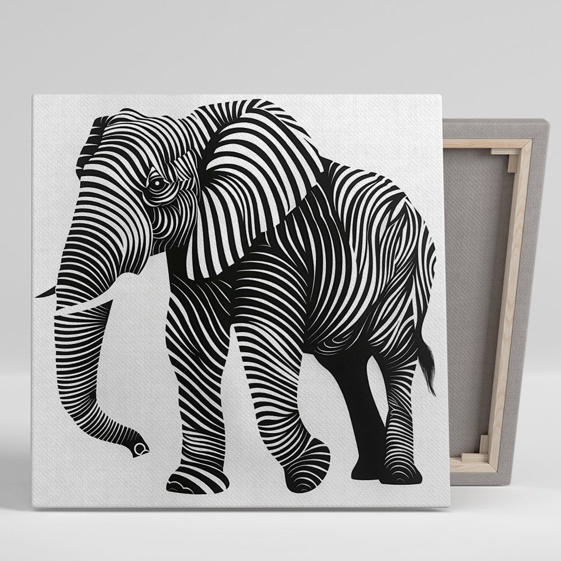 Elephant Striped Line Illusion Black White Minimalist Art Poster