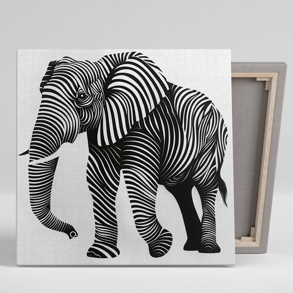 Elephant Striped Line Illusion Black White Minimalist Art Poster