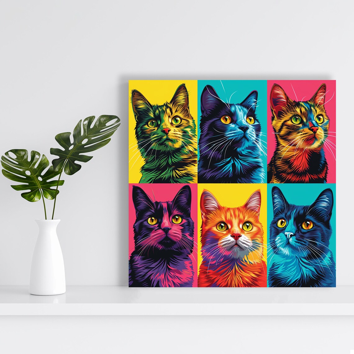 Pop Art Six Cat Faces Grid Bold Neon Colors Modern Feline Portrait Poster - Image 2