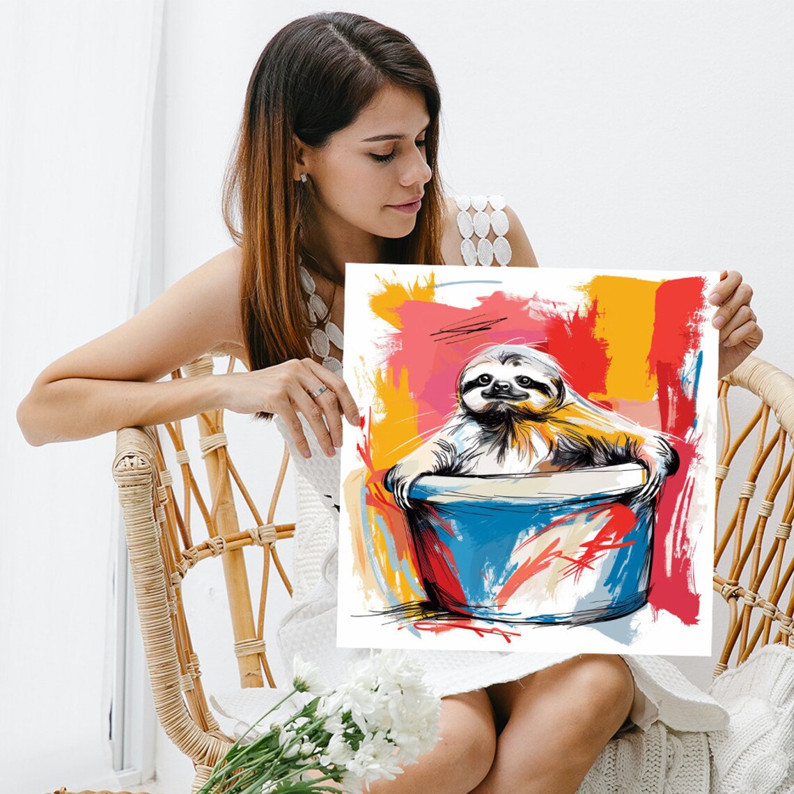 Smiling Sloth in Bucket Colorful Paint Splash Fun Whimsical Wall Poster - Image 3