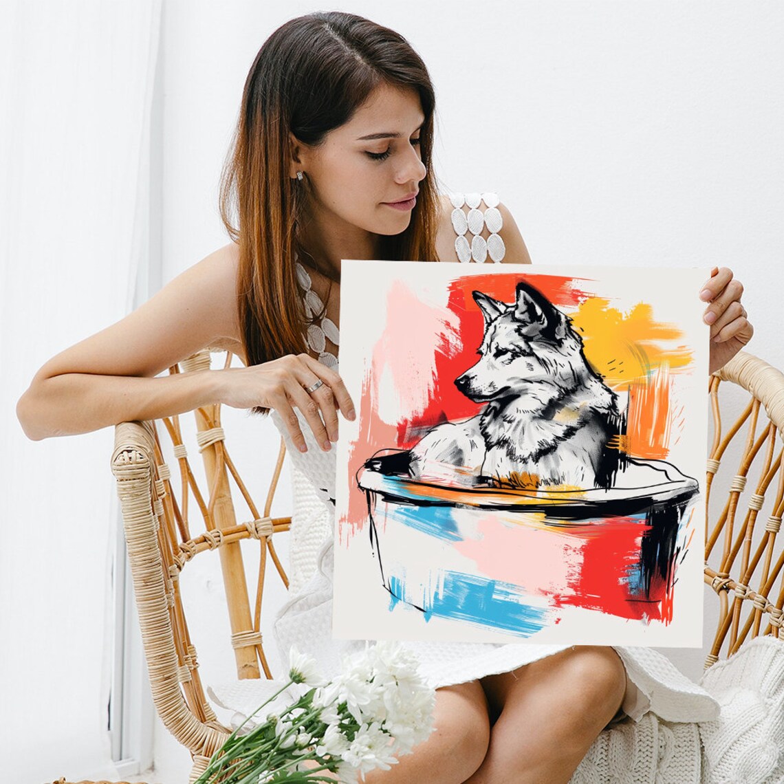 Husky Bath Time Ink Sketch Dog In Tub Colorful Brushstrokes Wall Poster - Image 3