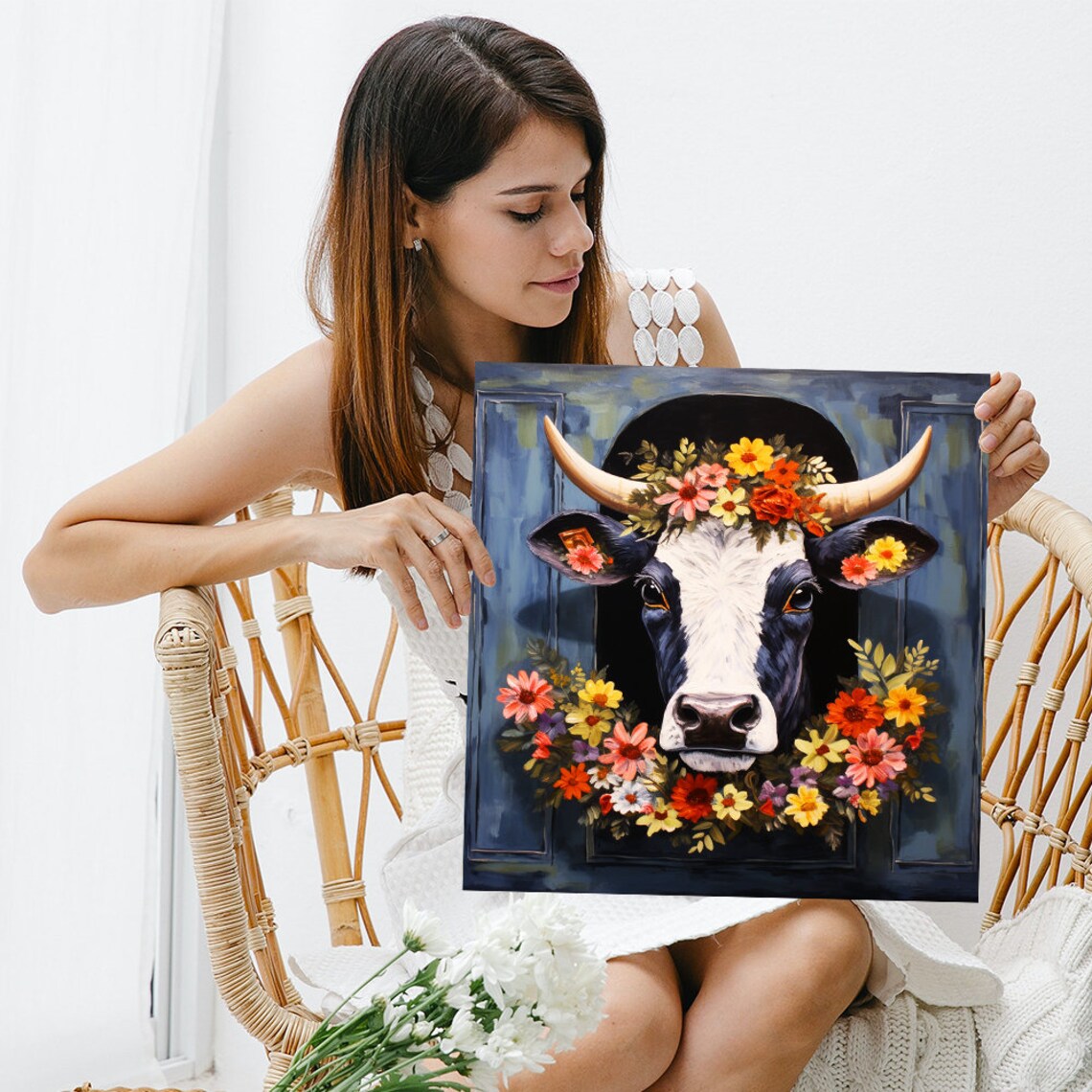 Cow With Floral Crown In Barn Door Blue Farmhouse Wall Poster - Image 3