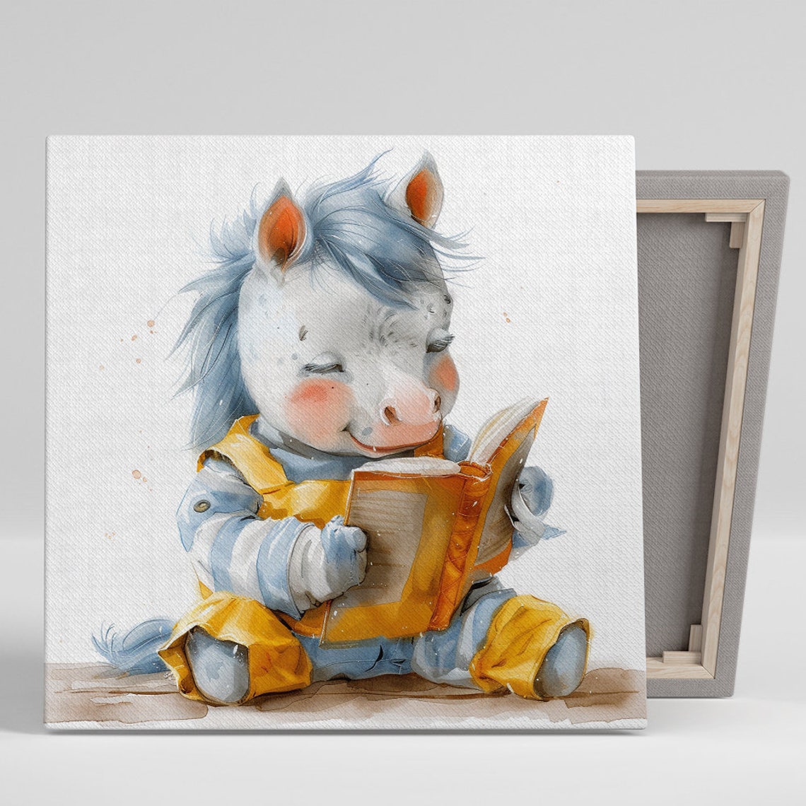 Baby Pony Reading Book Yellow Raincoat Soft Watercolor Nursery Poster