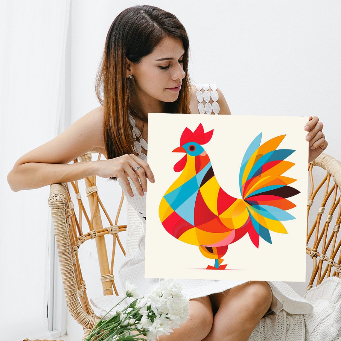 Geometric Rainbow Rooster Faceted Abstract Farm Animal Wall Poster - Image 3