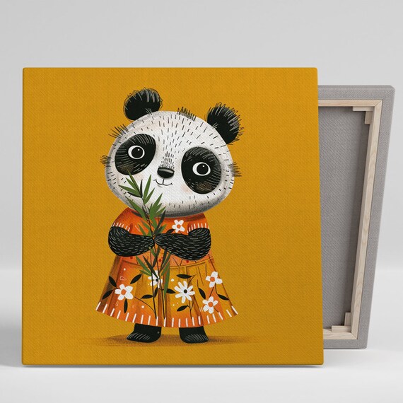 Cute Panda Girl Orange Floral Dress Bamboo Mustard Nursery Art Poster
